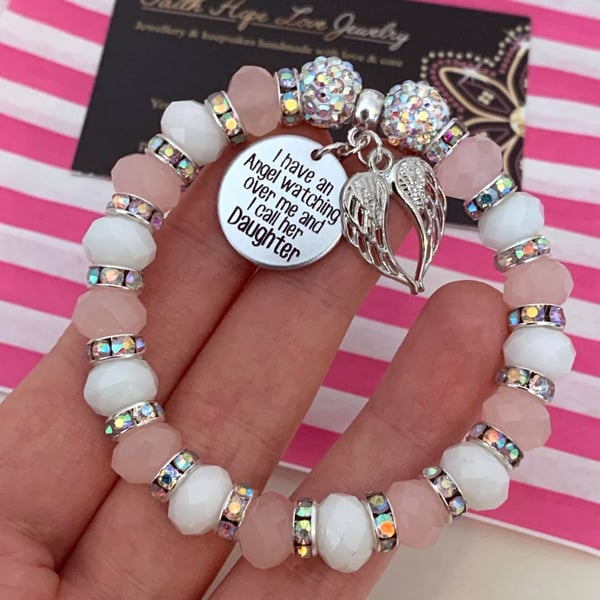 Daughter Pink & White Heaven Memorial Shamballa Keepsake Child Loss Bracelet 