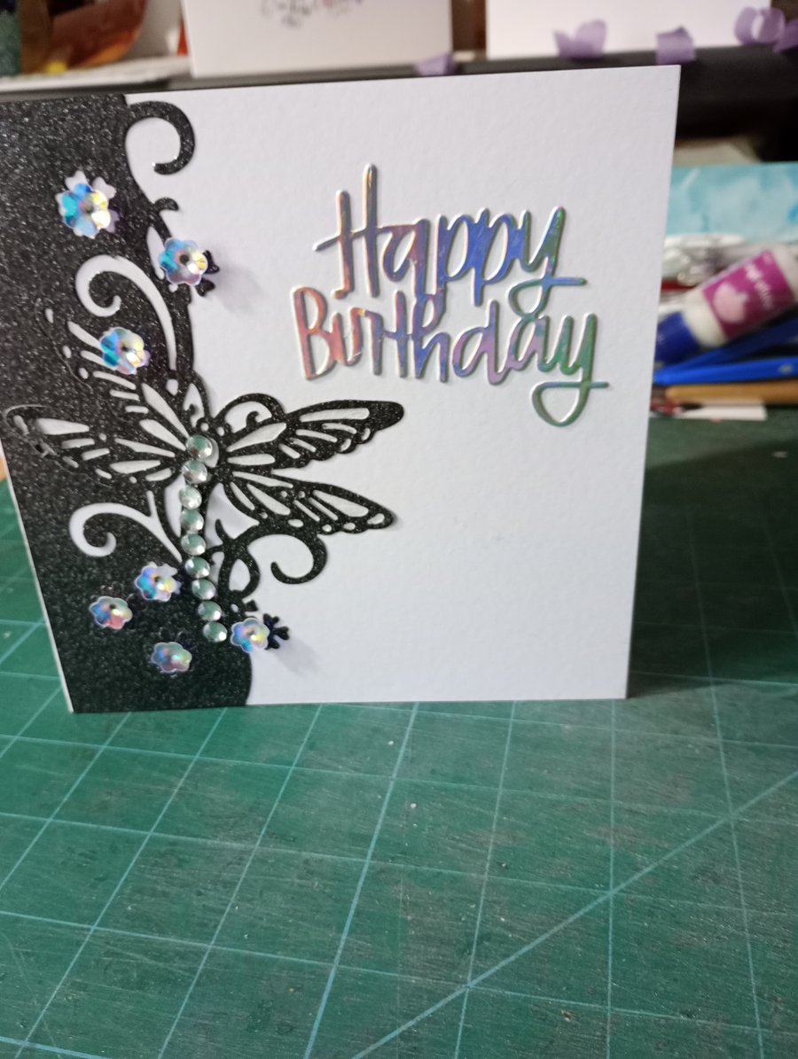 Black diamond dragonfly birthday card 