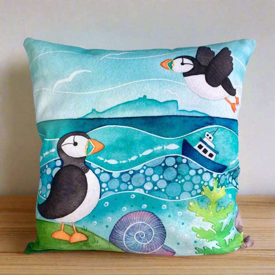 Puffin Cushion Cover - Cute Seaside Art. Nautical Coastal Living Room Decor