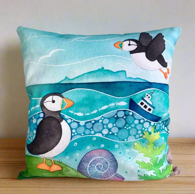 Puffin Cushion Cover Cute Seaside Art. Nautical Coastal Living Room Decor