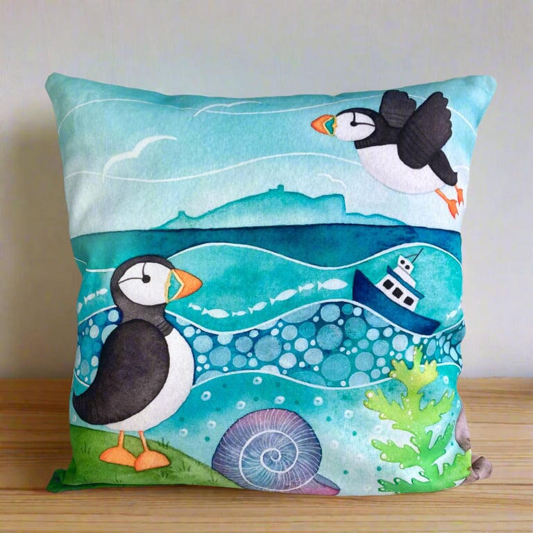 Puffin Cushion Cover - Cute Seaside Art. Nautical Coastal Living Room Decor
