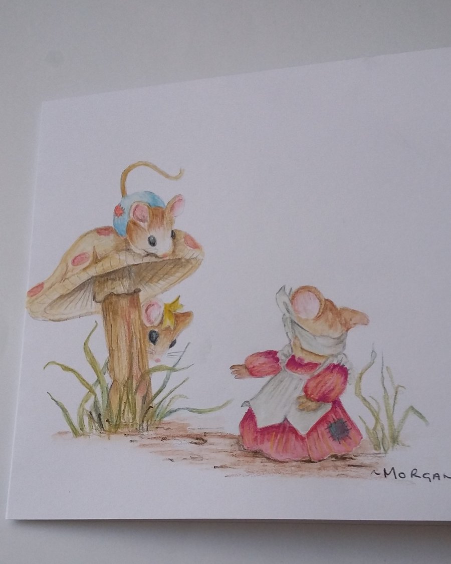 HAND PAINTED WATER COLOUR CARD MICE