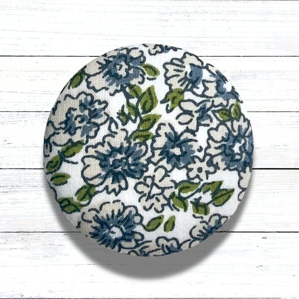 Blue Green Floral Fabric Covered Button Brooch, Handmade