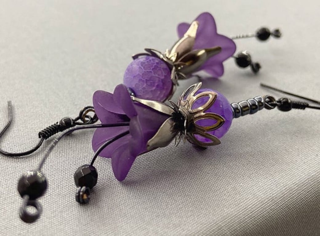 Gothic Purple Agate Flowerbud Earrings