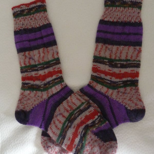 Hand-cranked Knitted Ribbed Wool Socks Size 4 to 5