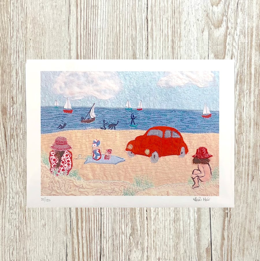Beetle beach seaside A4 giclee print - limited edition sand sea print beetle car