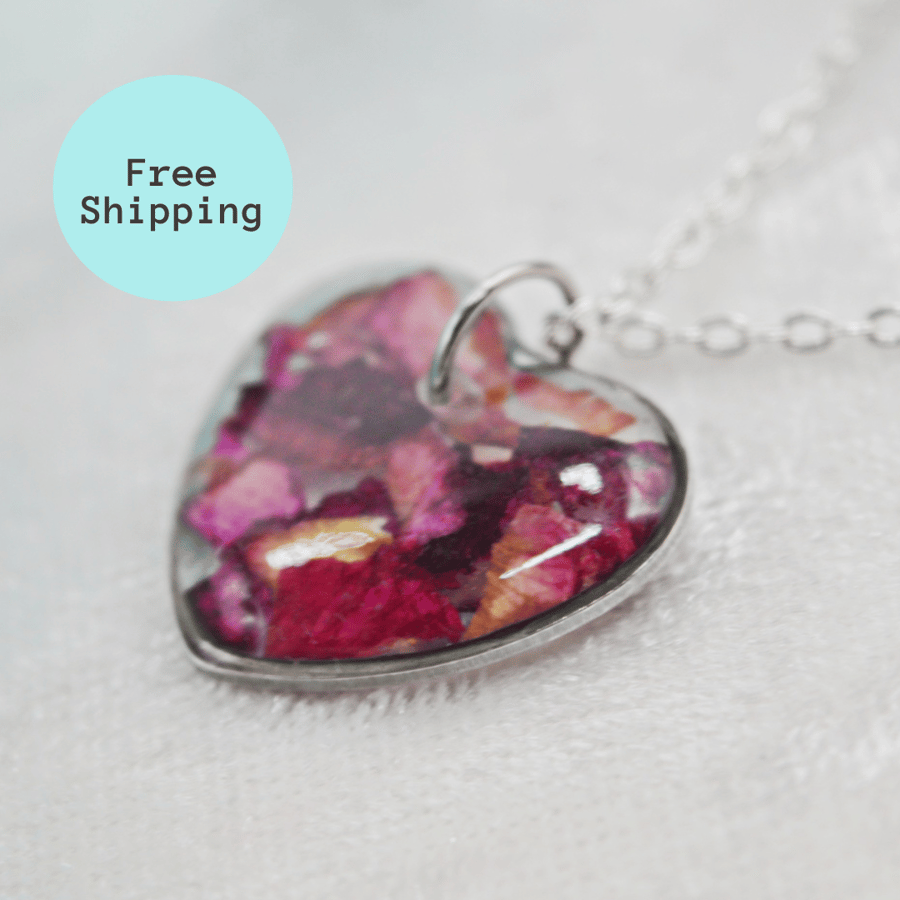Deep Red Rose Petal Heart Pendant Necklace - Free Postage