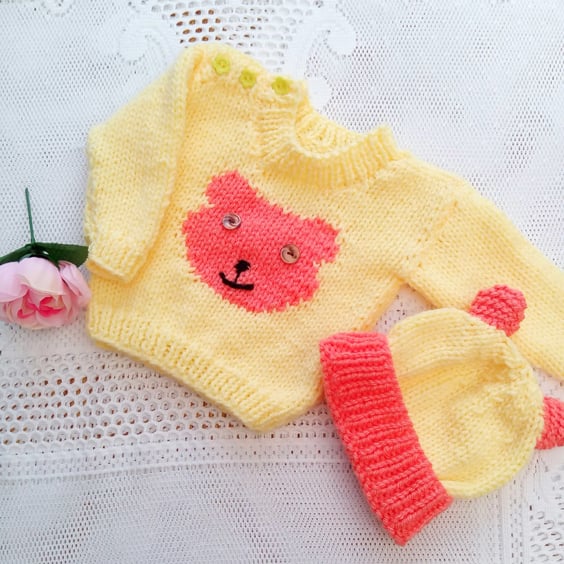 Hand Knitted Novelty Chunky Jumper with Teddy Bear Motif and Matching Hat