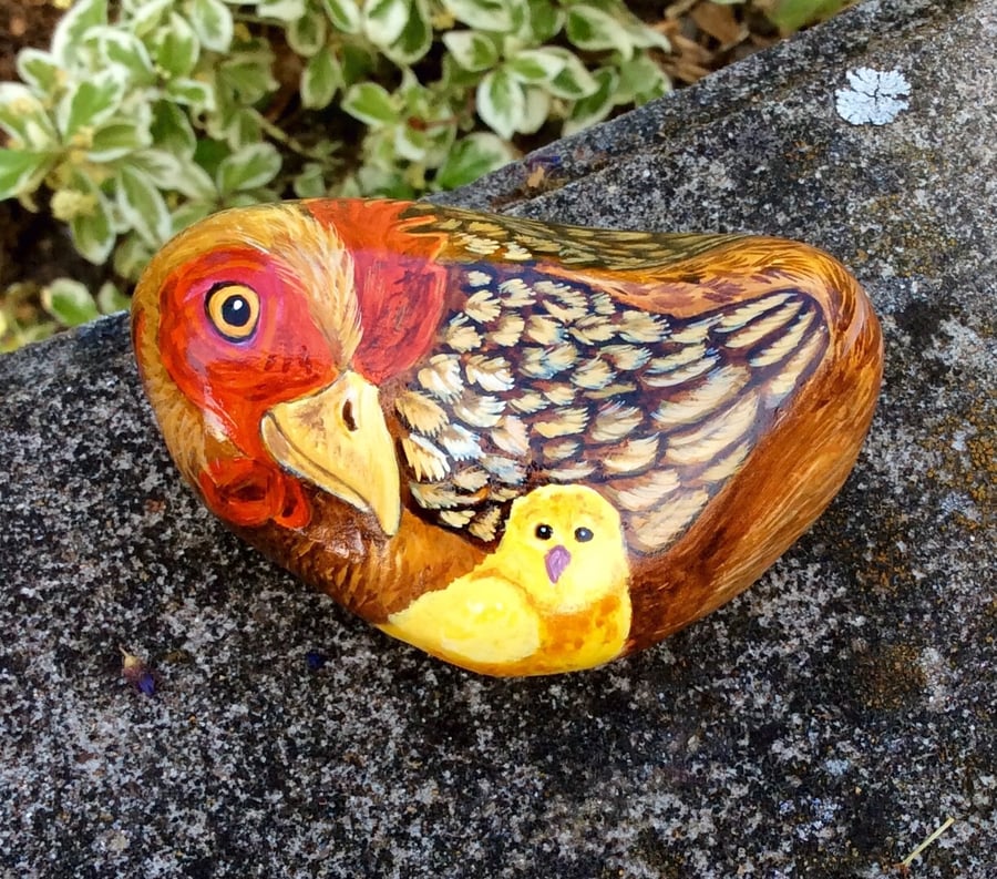 Chicken and chick hand painted stone 