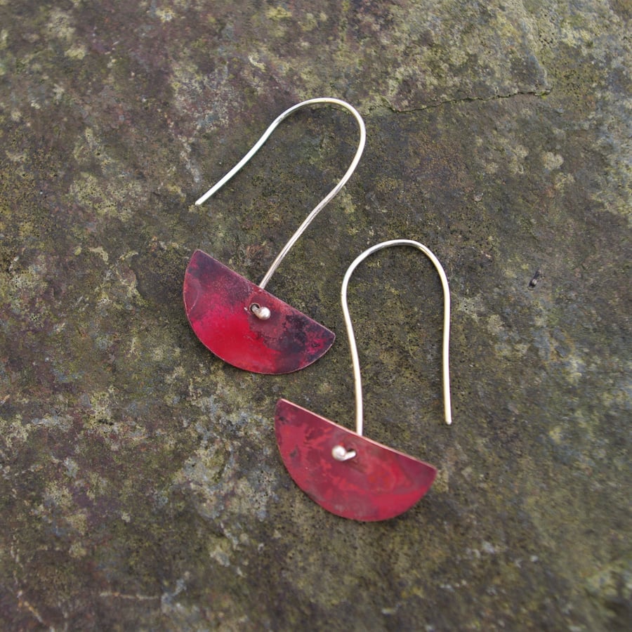 Small Red Copper  Half Moon Dangle Earrings