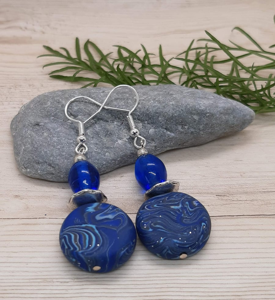Lovely blue disc shaped polymer earrings 