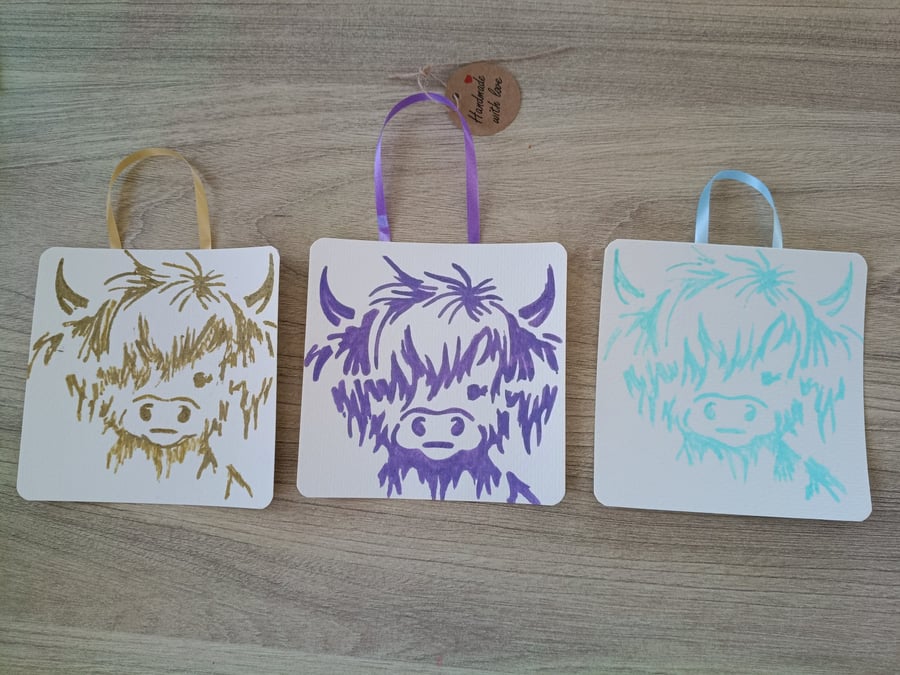 Hand painted Watercolour x 3 mini paintings Highland Cow