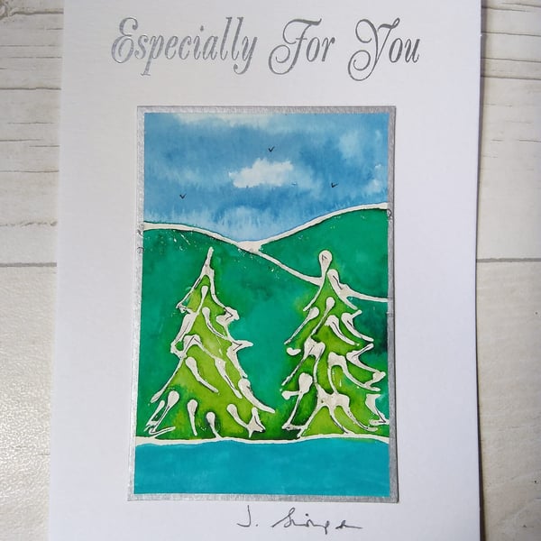 Hand painted watercolour card. Forest view, greetings card, Birthday card,