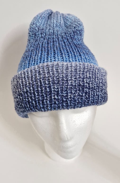 Mixed Blue Wool Beanie Hat Unisex Large