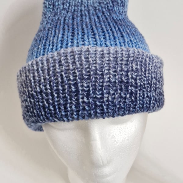 Mixed Blue Wool Beanie Hat Unisex Large