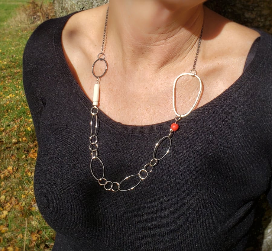 Unusual contemporary sterling silver long chain necklace 