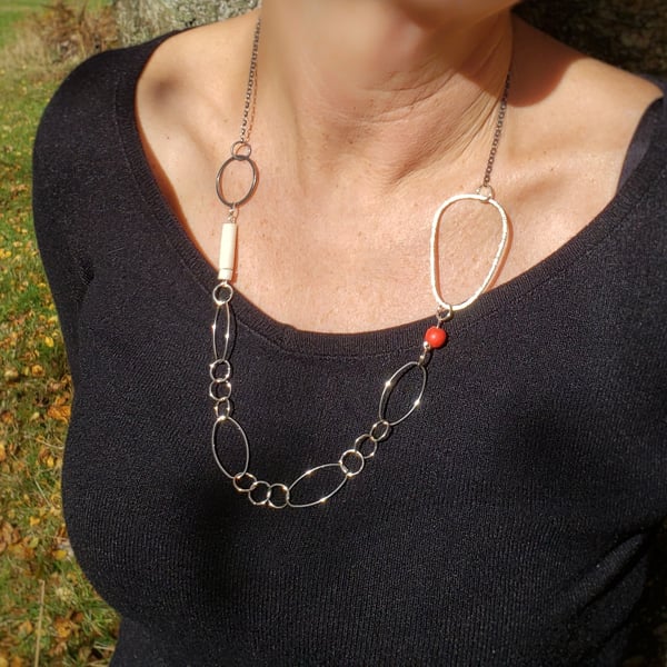 Unusual contemporary sterling silver long chain necklace 