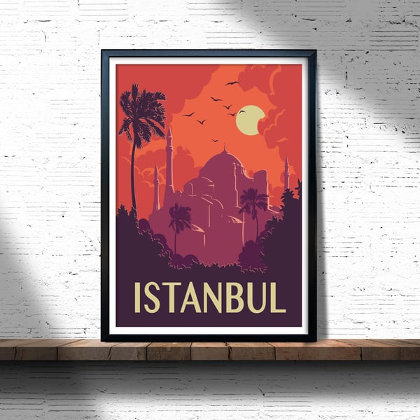Istanbul retro travel poster, Istanbul wall art, Turkey travel poster, retro art