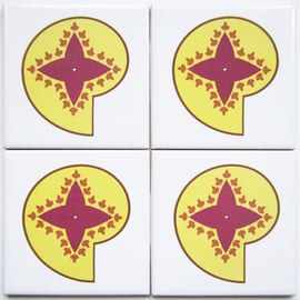 4 x Yellow and Pink Paisley Ceramic Tile Coasters with Cork Backing