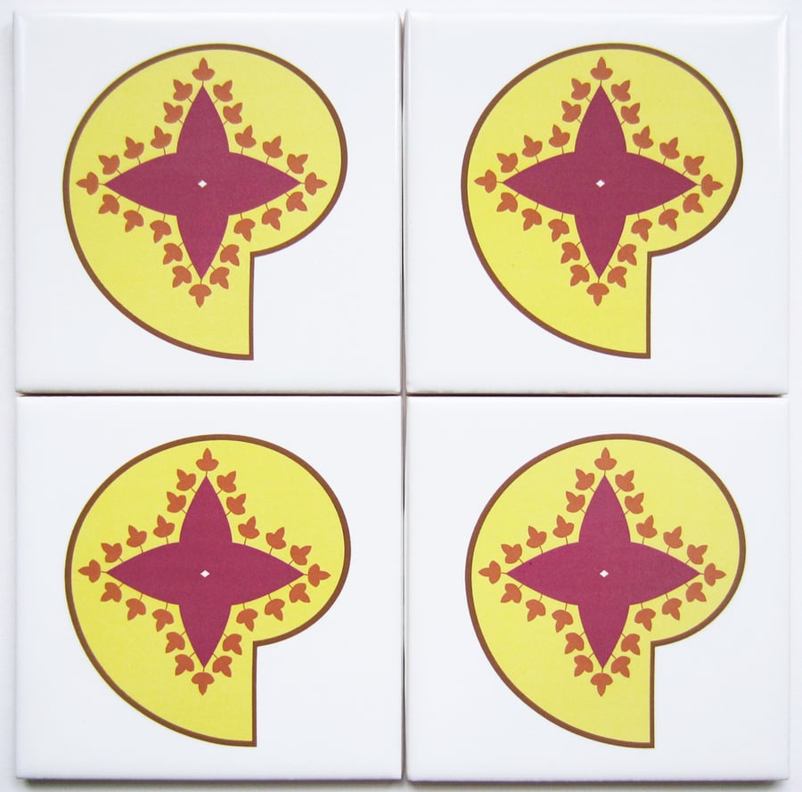 4 x Yellow and Pink Paisley Ceramic Tile Coasters with Cork Backing