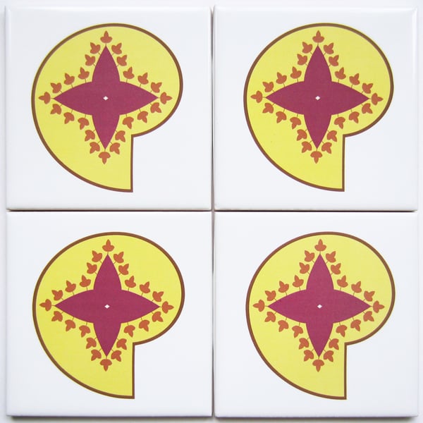 4 x Yellow and Pink Paisley Ceramic Tile Coasters with Cork Backing