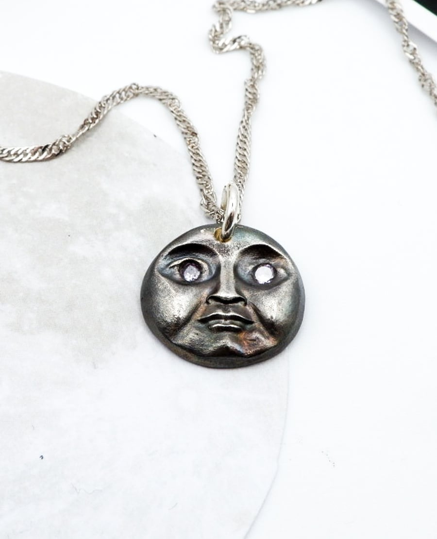 Celestial Solid Fine Recycled Silver Amethyst Gemstone Mini Moon Necklace 