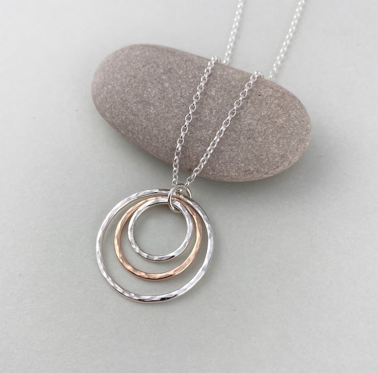 Hammered Sterling Silver and 9ct Red Gold Triple Circle Necklace