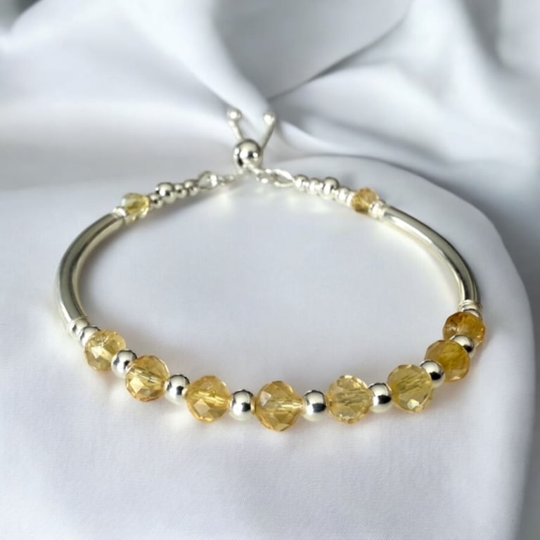 Citrine Gemstone Noodle Bracelet, Adjustable Slider Clasp Bracelet