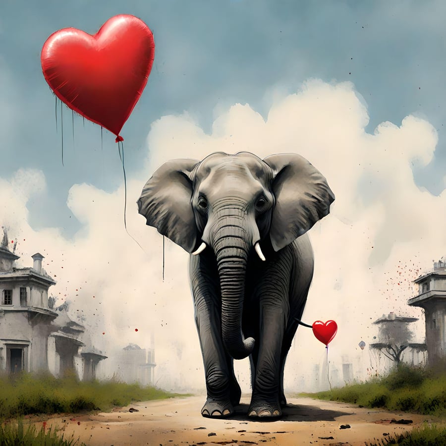 Digital Download of Elephant with Heart Balloon Urban Art Print 