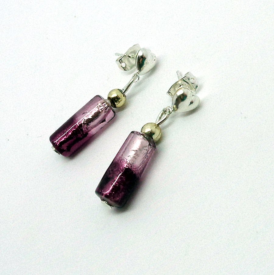 Purple & lilac folied glass bead earrings