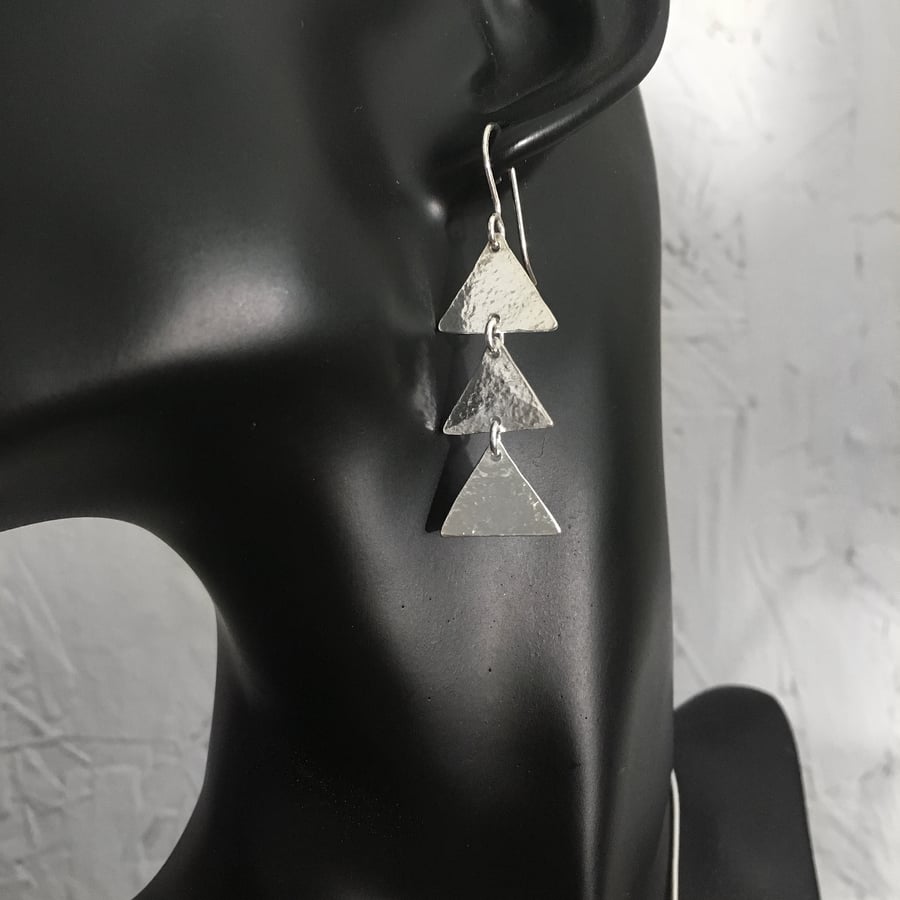 Fine silver triple triangle long dangly earrings 