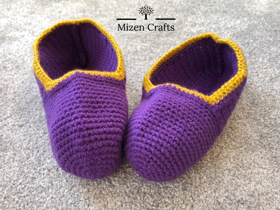 Purple and Gold Crochet Adult Slippers Slip On 