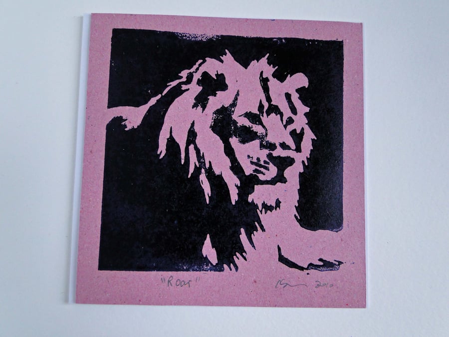 Lion Roar Pink Blank Square Lino Printed Greeting Card