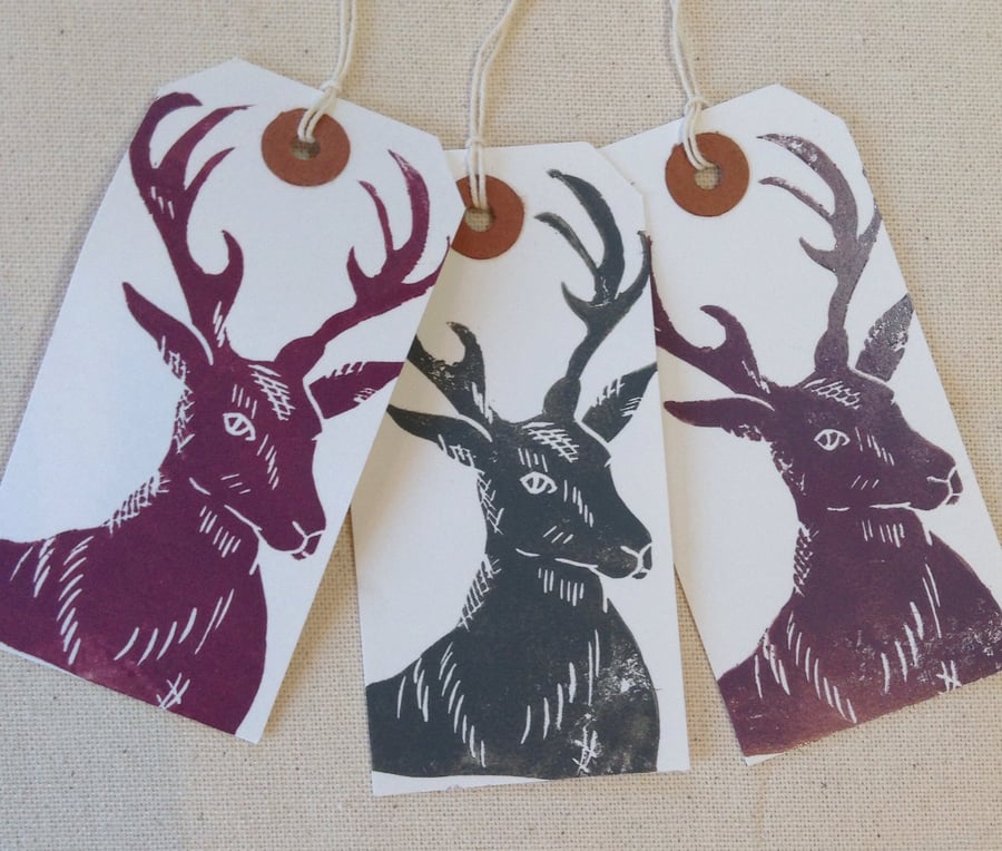 Hand printed stag gift tags