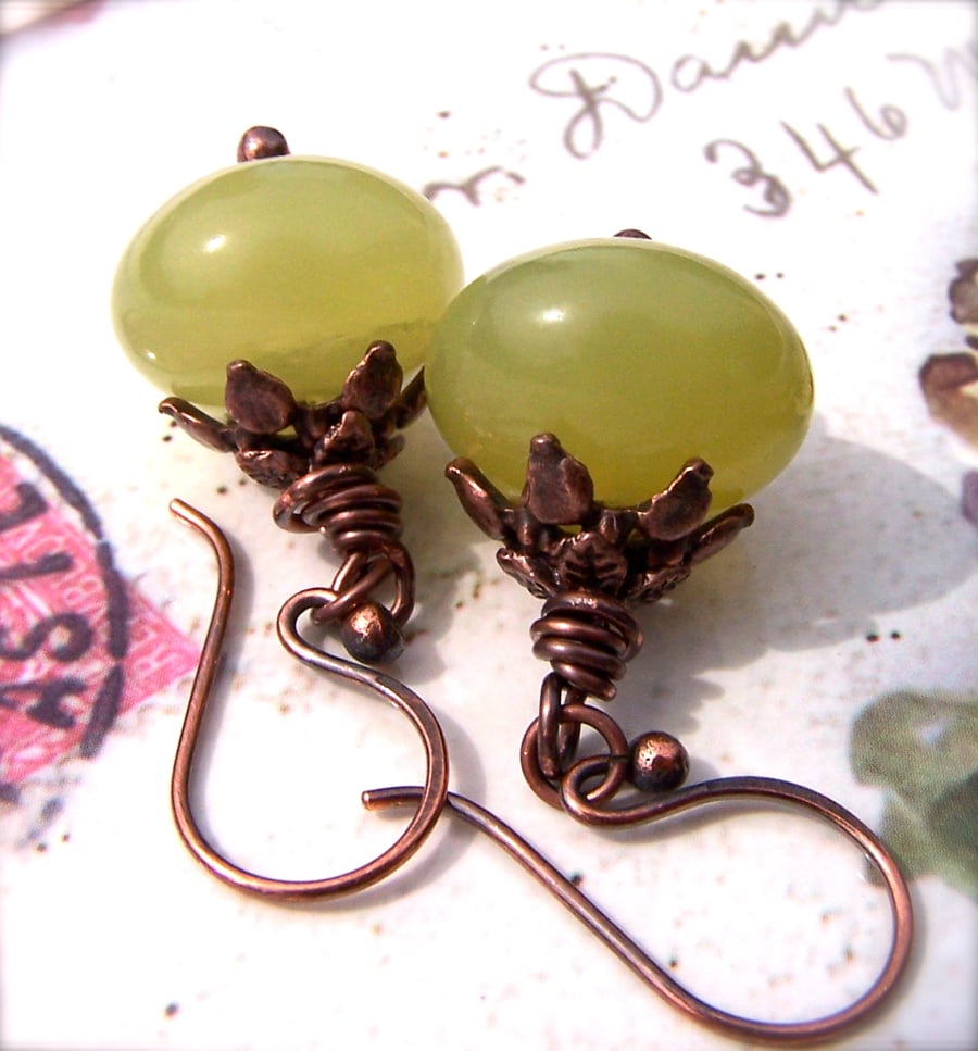 Jade Earrings, Olive Jade Gemstone Earrings, Handmade Copper Wires