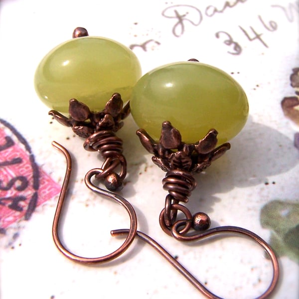 Jade Earrings, Olive Jade Gemstone Earrings, Handmade Copper Wires