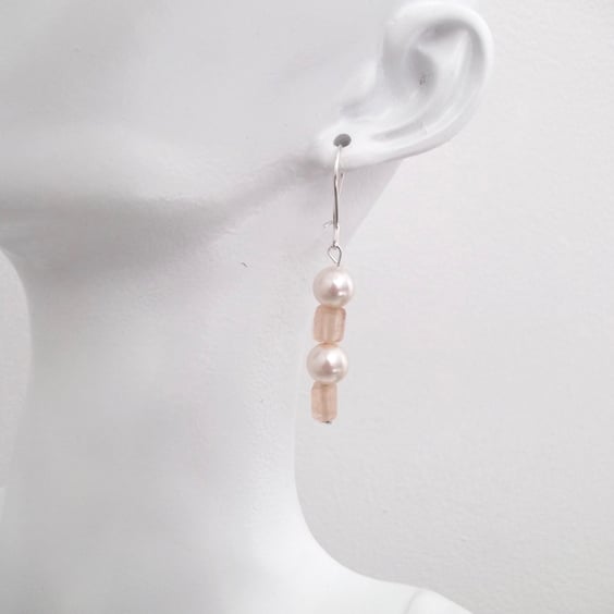 White Faux Pearl & Pink Glass Bead Silver Drop Earrings