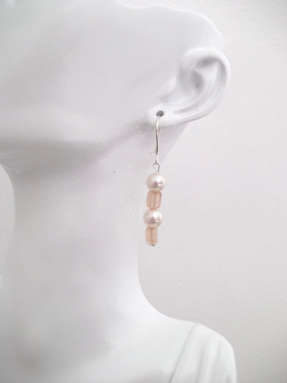White Faux Pearl & Pink Glass Bead Silver Drop Earrings