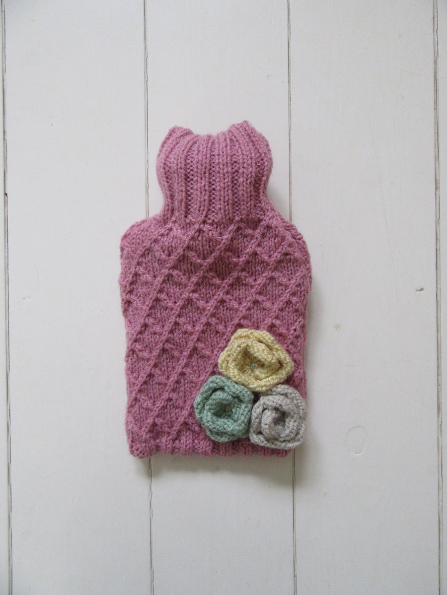 Hot water bottle cover -  garden trellis pink with small roses