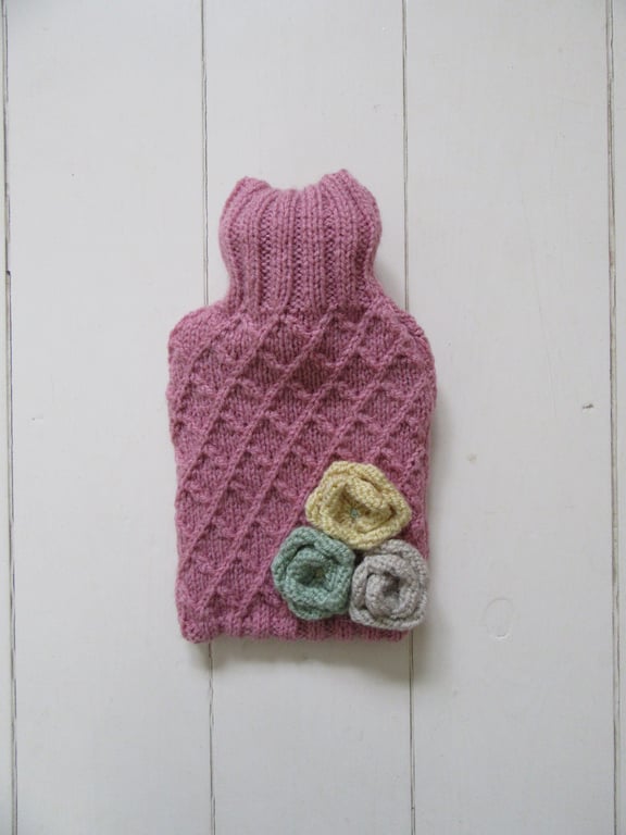 SALE Hot water bottle cover -  garden trellis pink with small roses