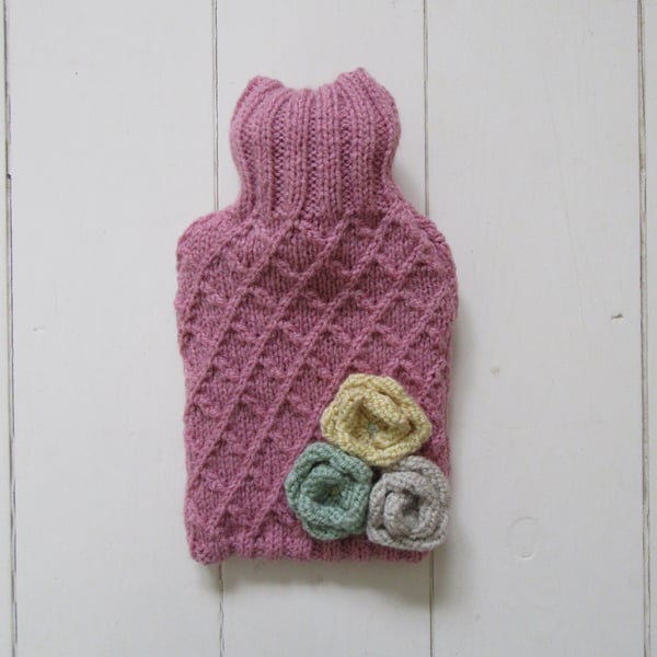 Hot water bottle cover -  garden trellis pink with small roses