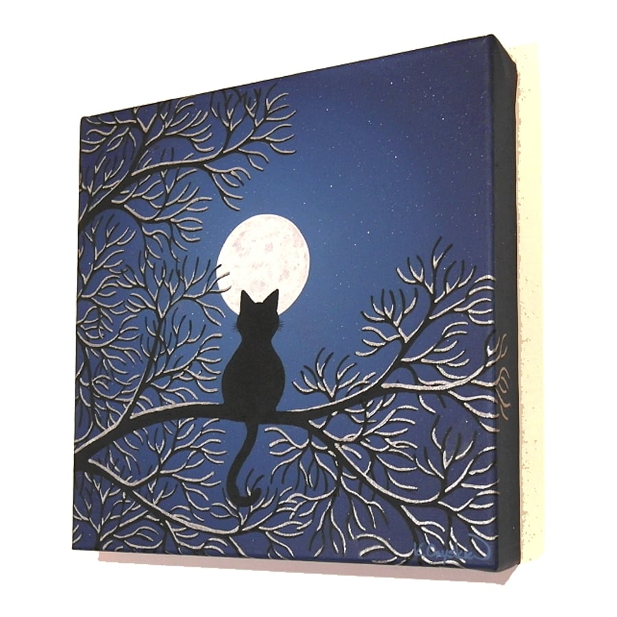 Sold Moonlit Cat Original Painting - silhouette art of cat in snow covered tree