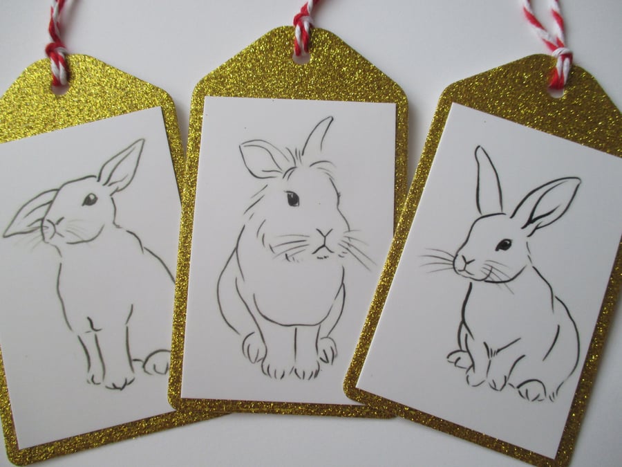 Christmas Gift Tag Bunny Rabbit Line Drawing Gold Glitter x 3