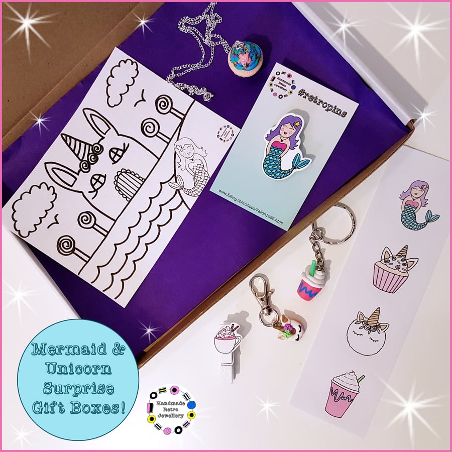 Unicorn & Mermaid themed surprise gift box (one supplied) stationery, jewellery