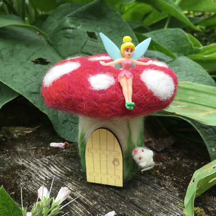 Needle felted toadstool with fairy and mouse