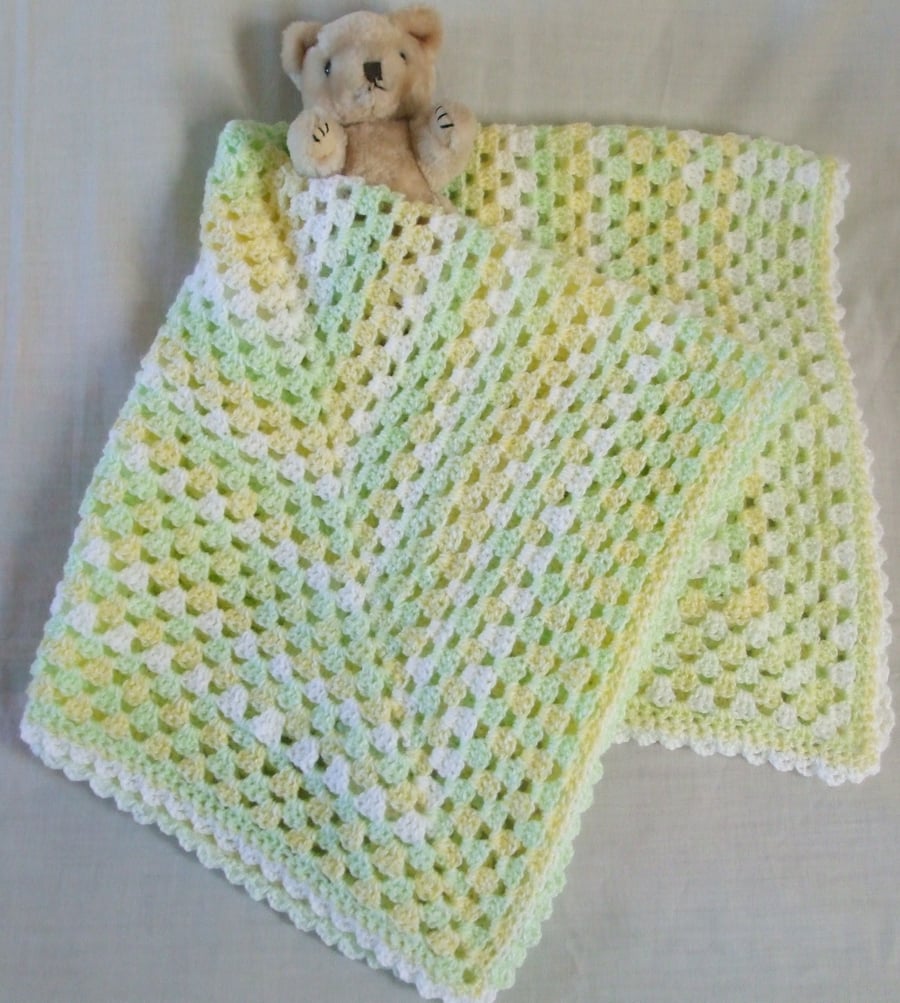 Crocheted Baby Blanket in White, Lemon and Green