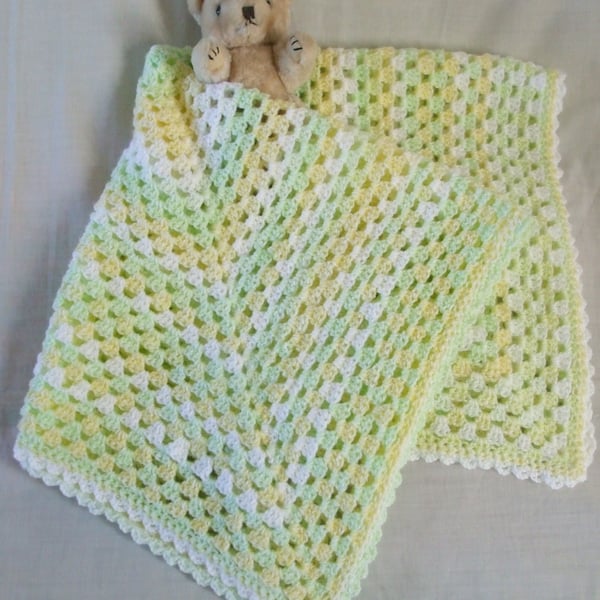 Crocheted Baby Blanket in White, Lemon and Green - Folksy