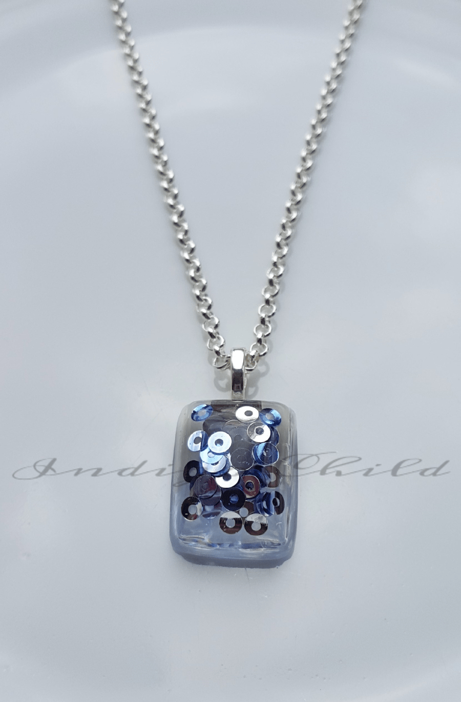 Necklace Handmade Blue Sequin Resin Pendant And Chain