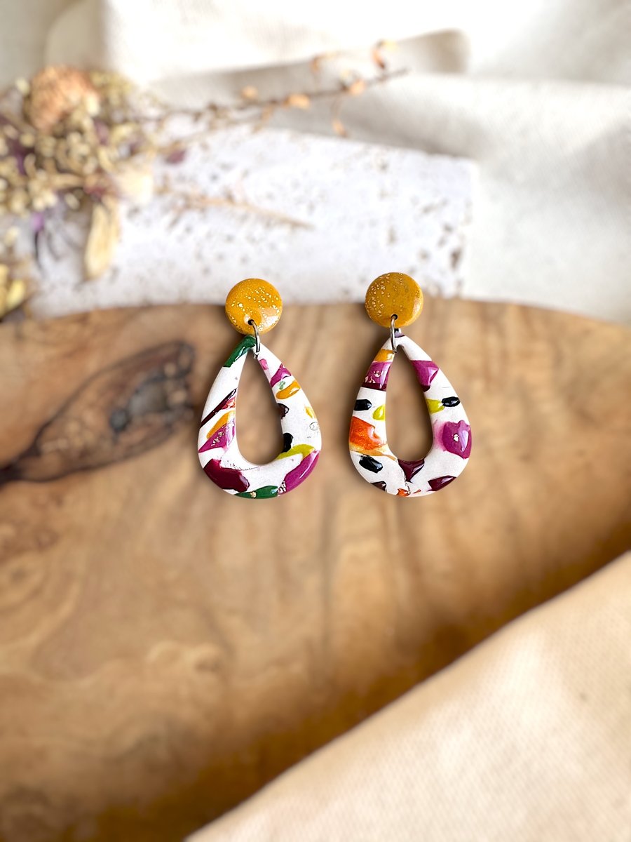 Autumn Abstract Autumn Confetti Open Teardrop Polymer Clay Earrings