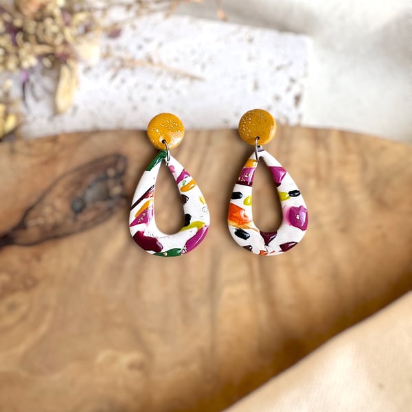 Autumn Abstract Autumn Confetti Open Teardrop Polymer Clay Earrings